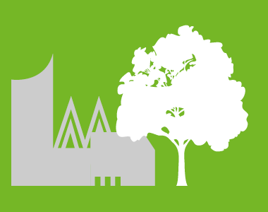 Baum, Uni, MDR-Gebäude Grafik vor grünem Hintergrund