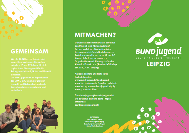 Minimalansicht des dreiseitigen Flyers der BUNDjugend Leipzig