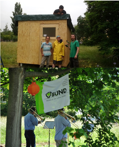 Collage: neue Hütte und Posaunen in Grünau